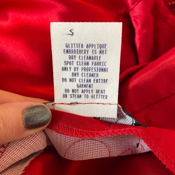Vintage Morgan & Co. Red Satin Halterneck Gown With Glitter Appliqué Open Back S - Picture 6 of 7